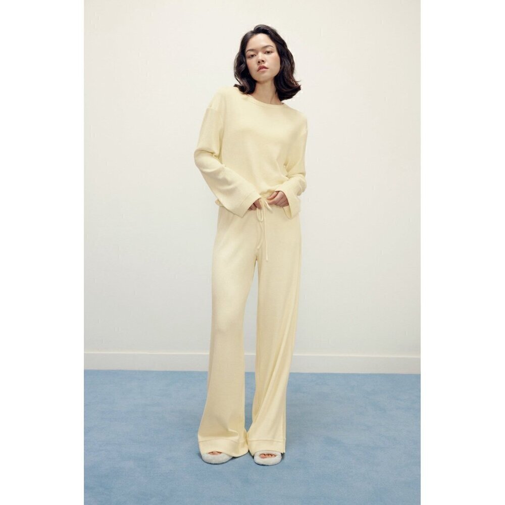 Neiwai Womens Ribbed Wide Leg Pant XL Beige High Rise Flare Pull On Minimalist - Picture 7 of 9